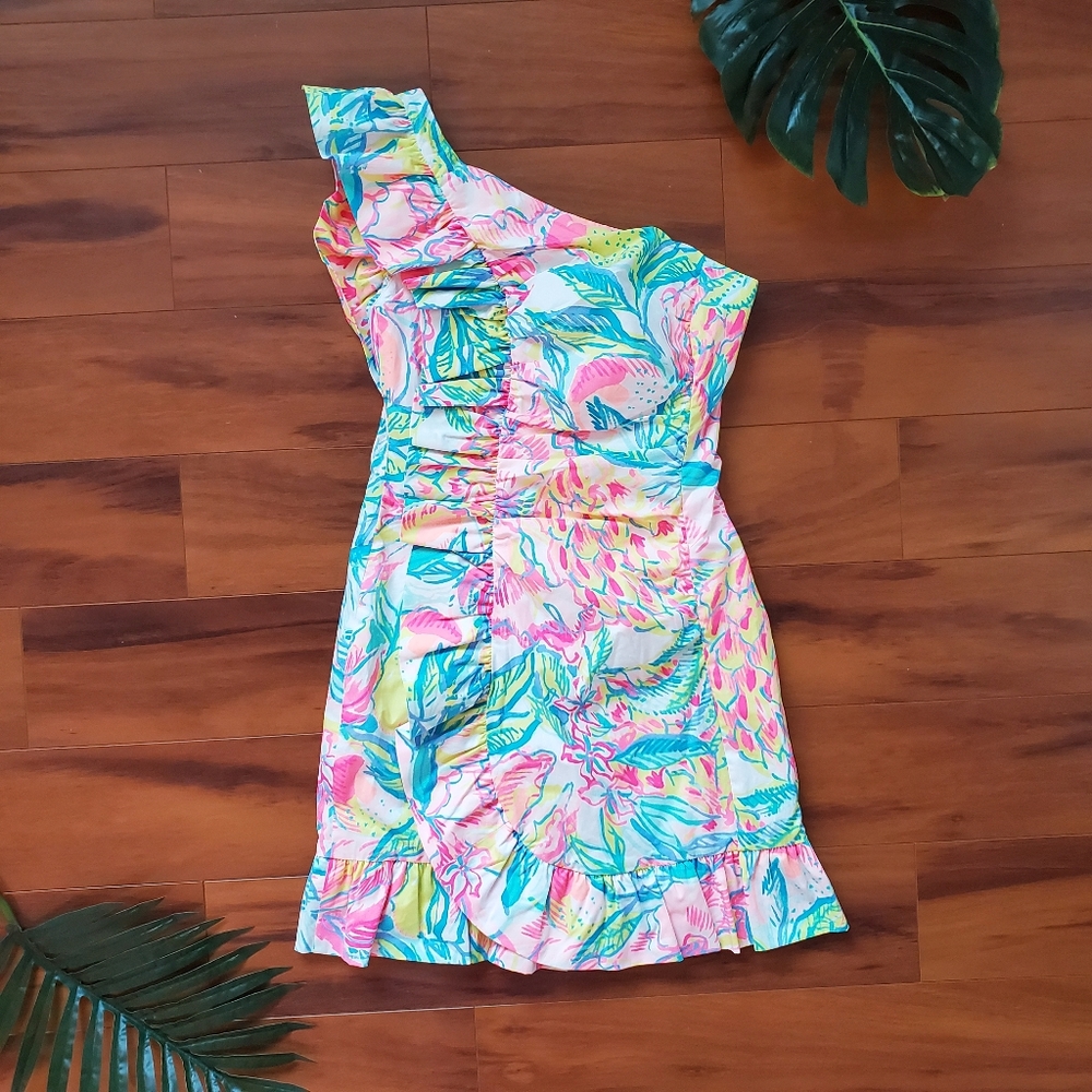 Lilly Pulitzer One-Shoulder Tropical Print Dress in Pink, Green, Blue